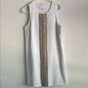 Elegant White Midi Dress with Gold Detailing